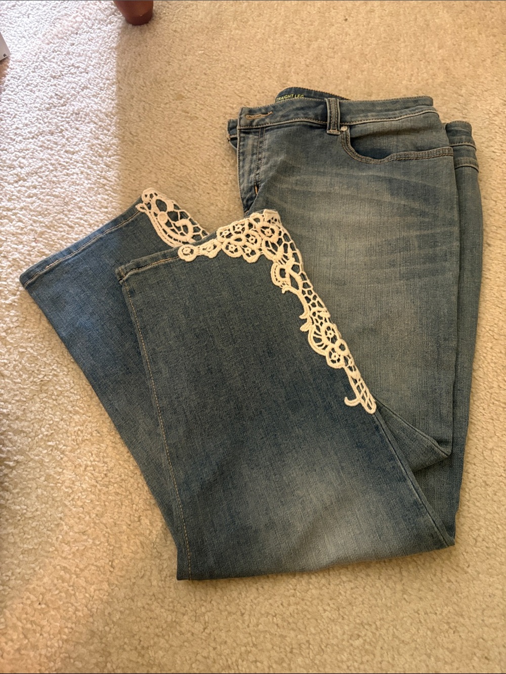 Women’s Light Blue Denim Jeans with White Lace Trim